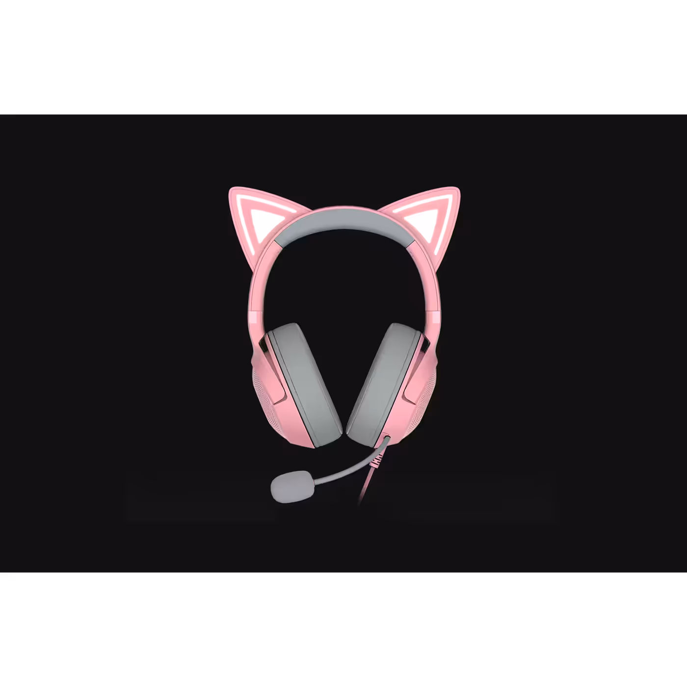 Front view of the Razer Kraken Kitty V2 Quartz with its Kitty ears lit