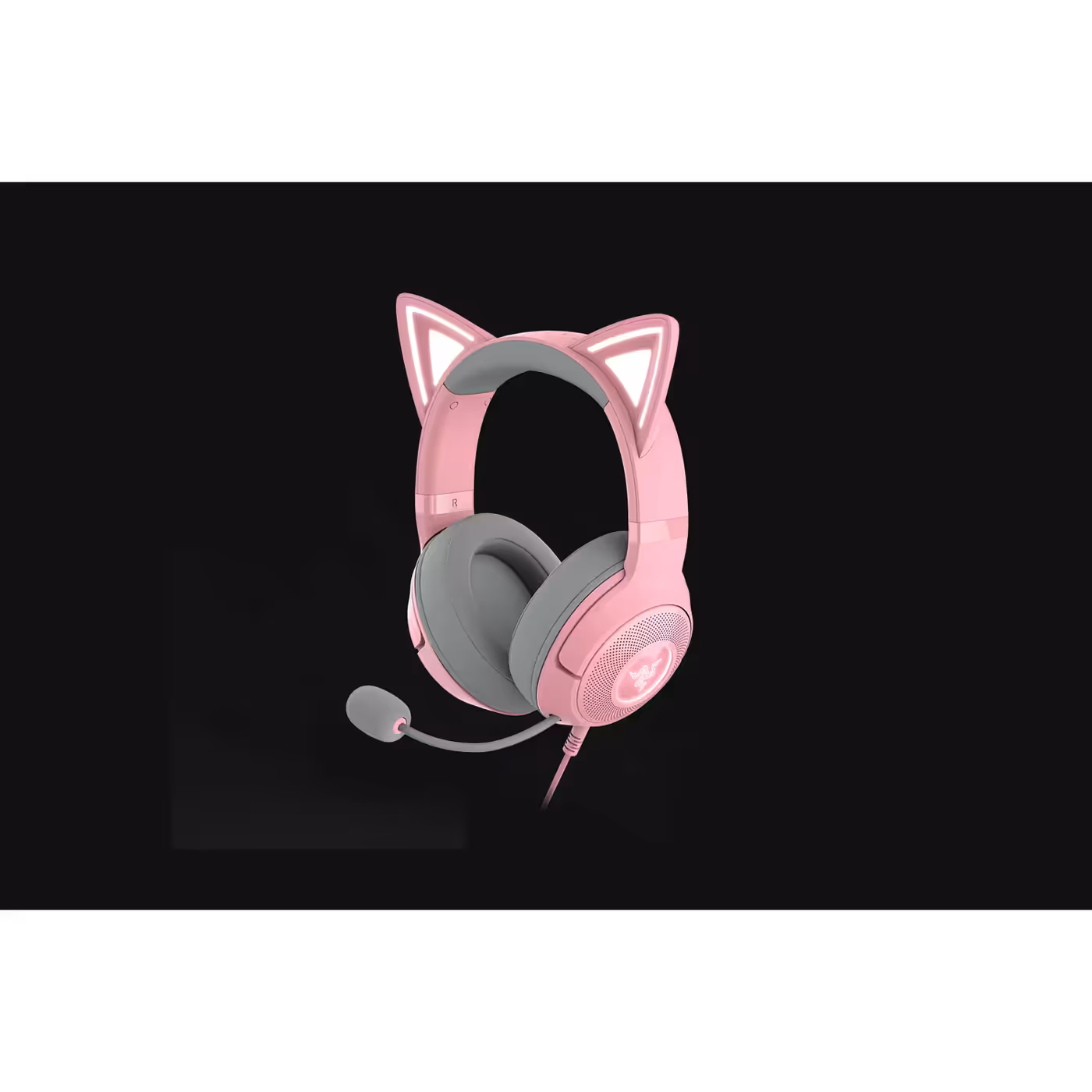 Three-quarter view of the Razer Kraken Kitty V2 Quartz showing the bendable mic
