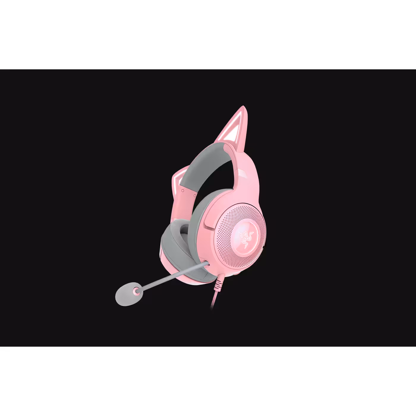 Side view of the Razer Kraken Kitty V2 Quartz earcup with the lit Razer logo