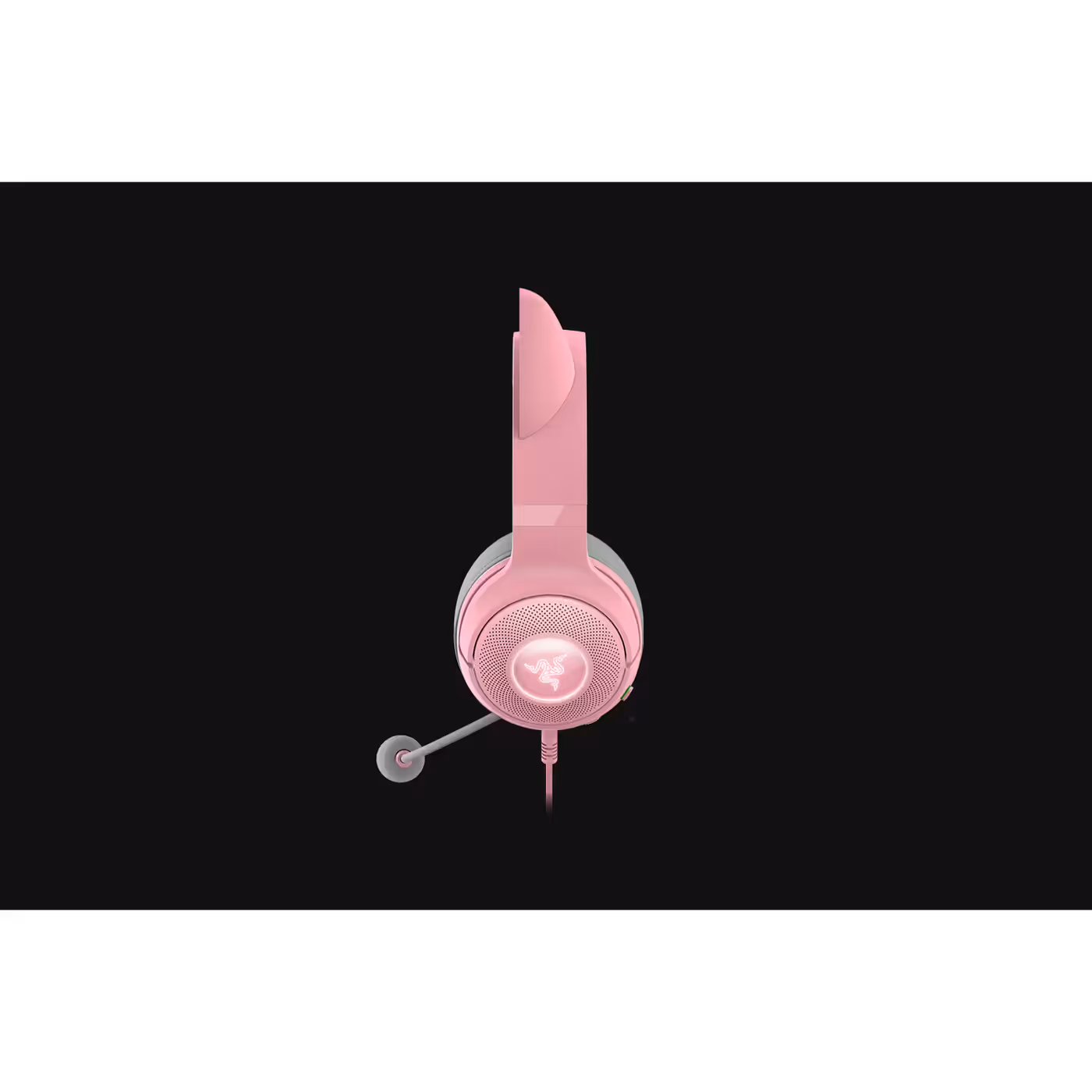 Side profile of the Razer Kraken Kitty V2 Quartz showing the mic and cable