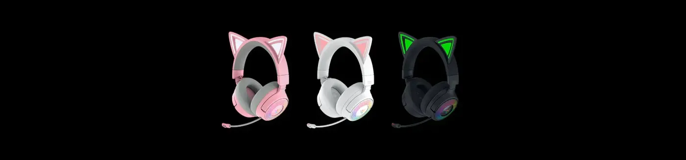 Razer Kraken Kitty V3 Pro headset lineup showing Quartz, White, and Black variants