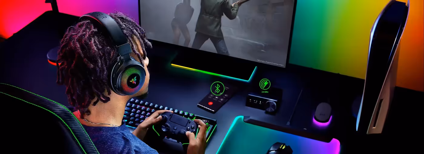 Razer Kraken V4 Pro Wireless Gaming Headset surface and portable view