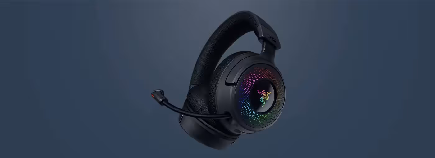 Razer Kraken V4 headset displaying 9-zone RGB lighting and wireless connectivity