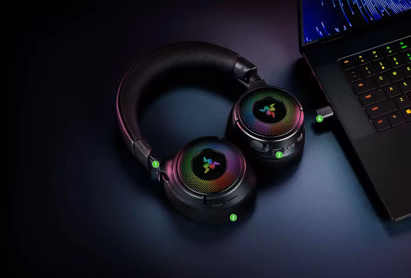 Razer Kraken V4 headset showcasing memory foam cushions and long-lasting battery design