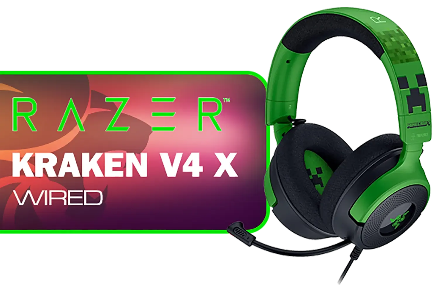 Razer Kraken V4 X Wired Gaming Headset - Minecraft Edition / 40 mm Drivers / Cardioid Mic / Memory Foam Cushions / Chroma RGB Lighting / Type C & Type A Cable / for PC, Mac, PS5, Nintendo Switch, Steam Deck, Smartphone / RZ04-05180200-R3M1