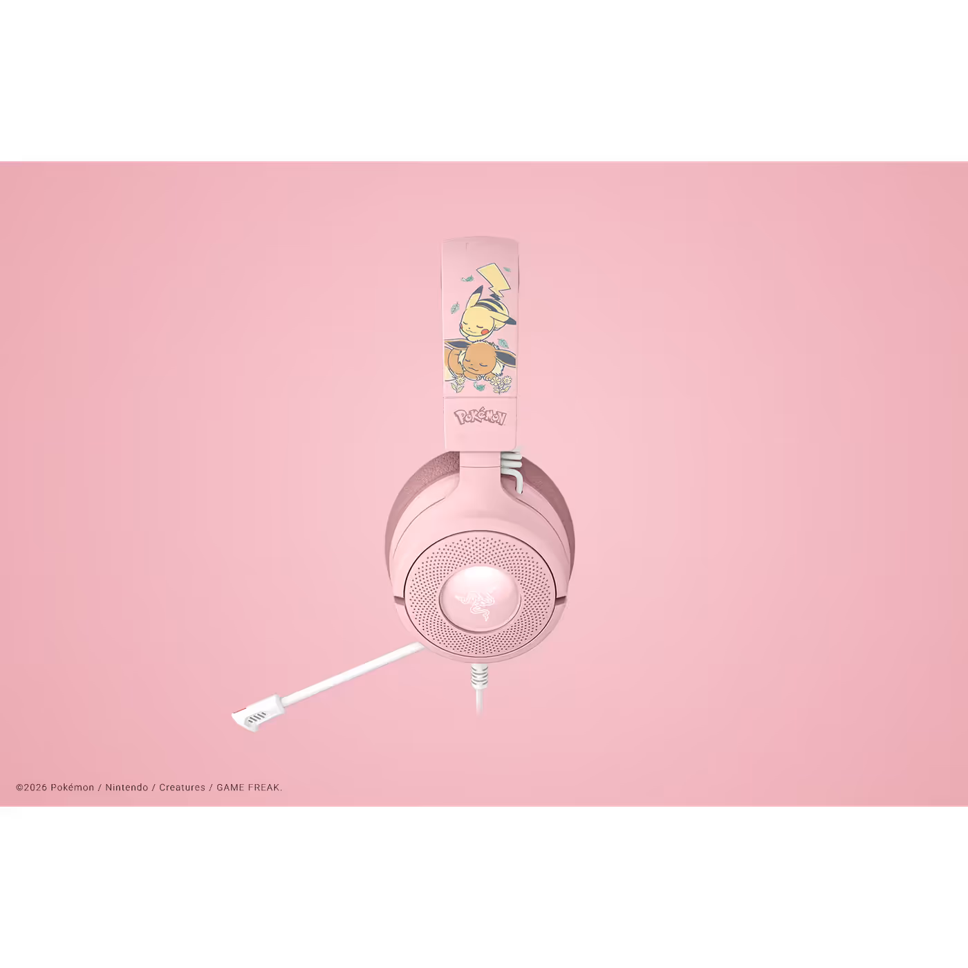 Side view of the pink Razer Kraken V4 X headset with Pikachu and Eevee art