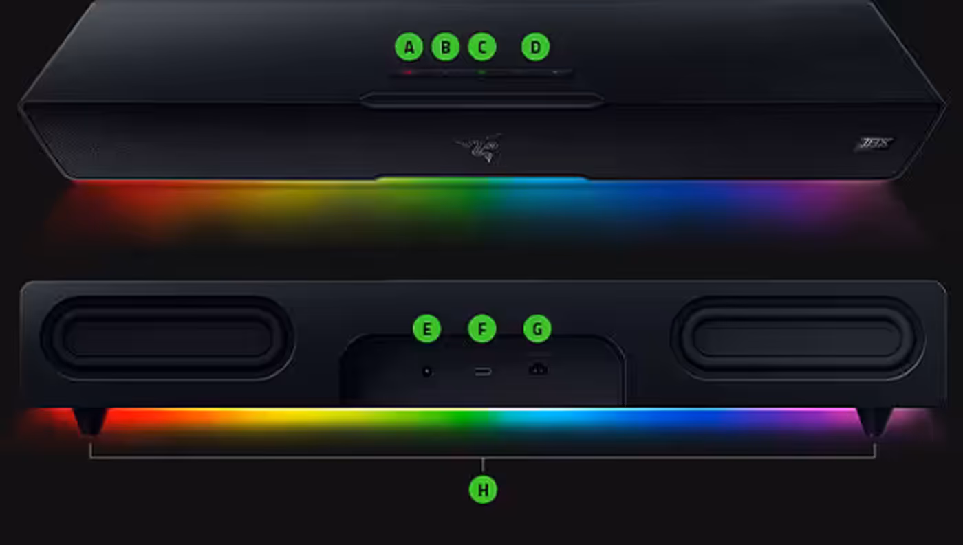 Razer Leviathan V2 soundbar controls ports and detachable feet
