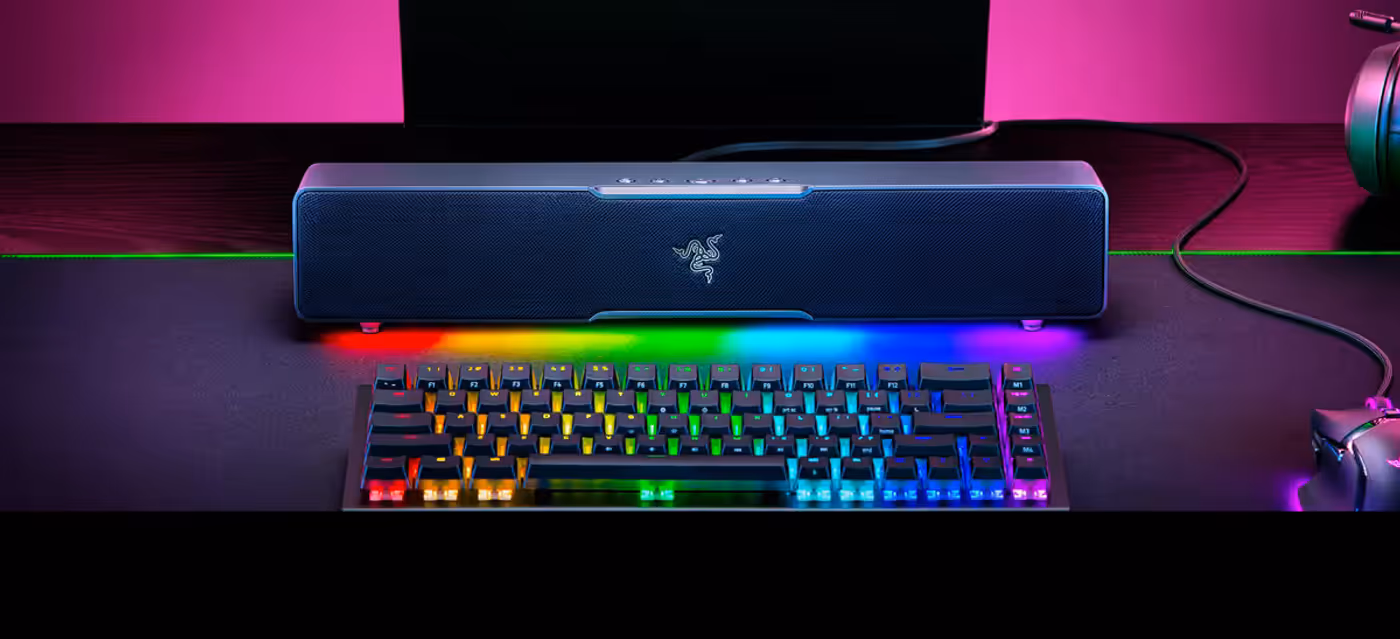 Razer Leviathan V2 X wireless gaming soundbar side view on desktop