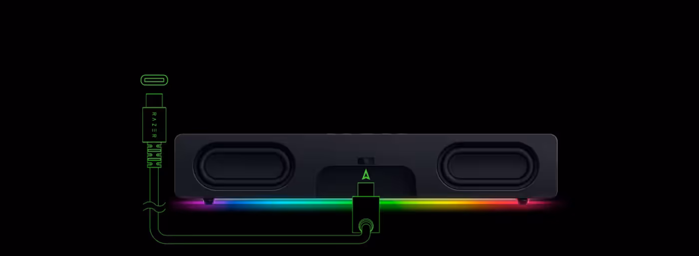 Razer Leviathan V2 X connected via USB-C cable for power and audio