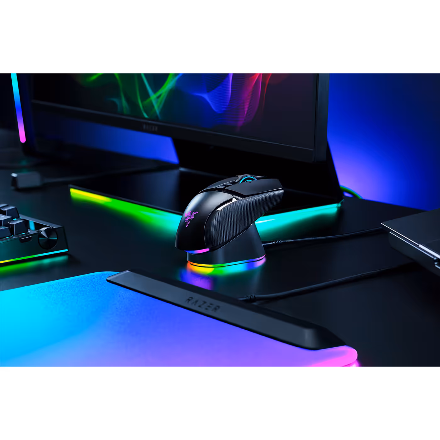 Razer Basilisk V4 Pro sitting on the Mouse Dock V2 Pro