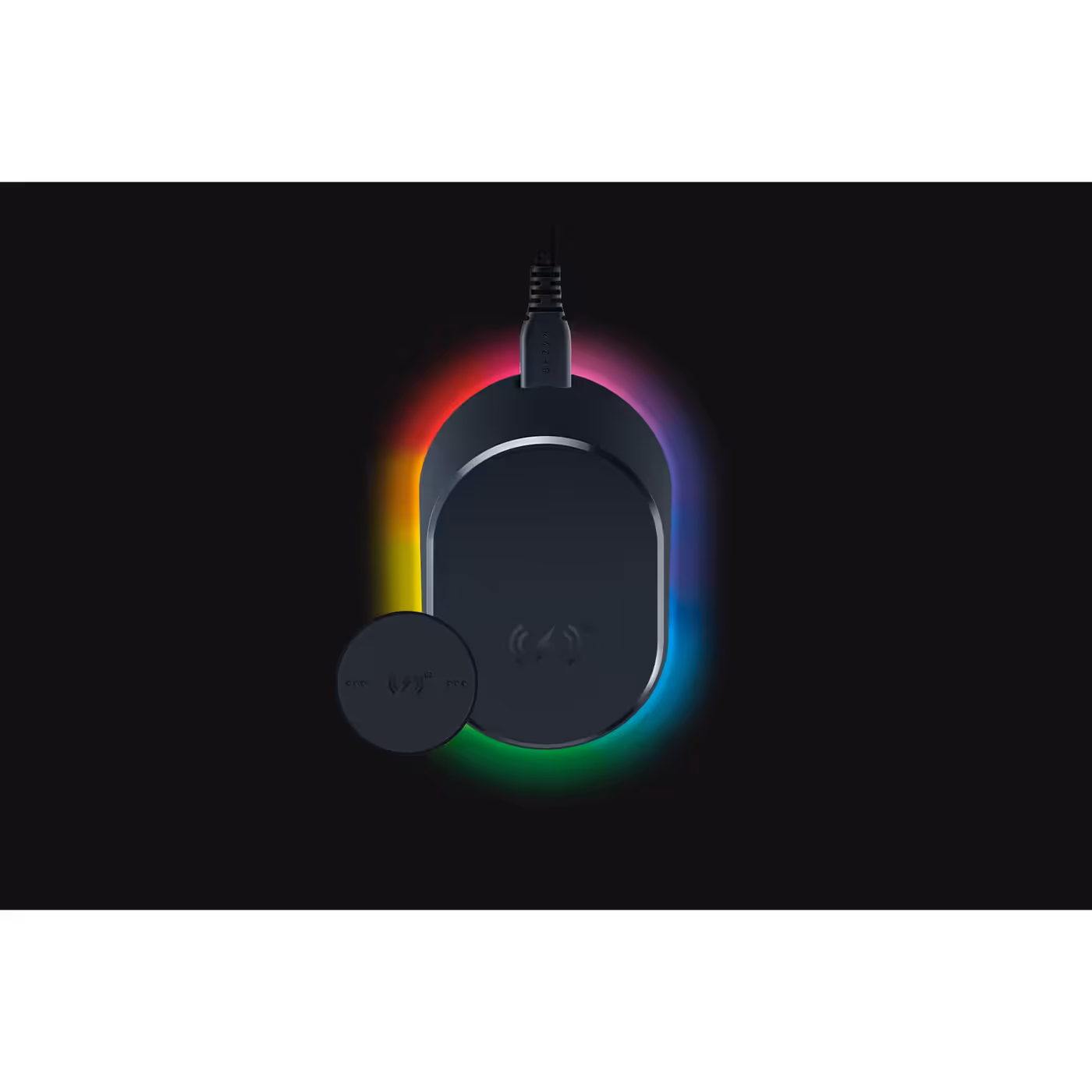 Top-down view of the Razer Mouse Dock V2 Pro with the charging puck beside it