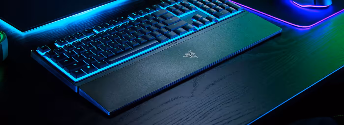 Razer Ornata V3 X keyboard showing the included ergonomic wrist support