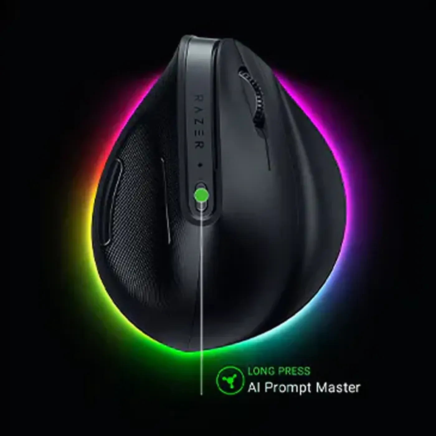 Razer Pro Click V2 Vertical Edition wireless mouse showing one-touch DPI access to AI Prompt Master