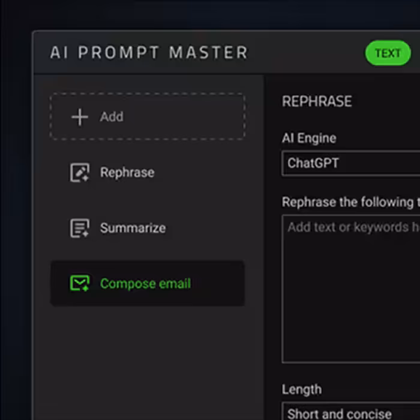 Screenshot of AI Prompt Master interface showing email composition tools