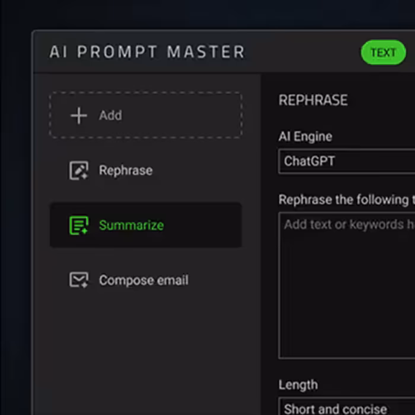 Screenshot of AI Prompt Master interface highlighting the summarization function