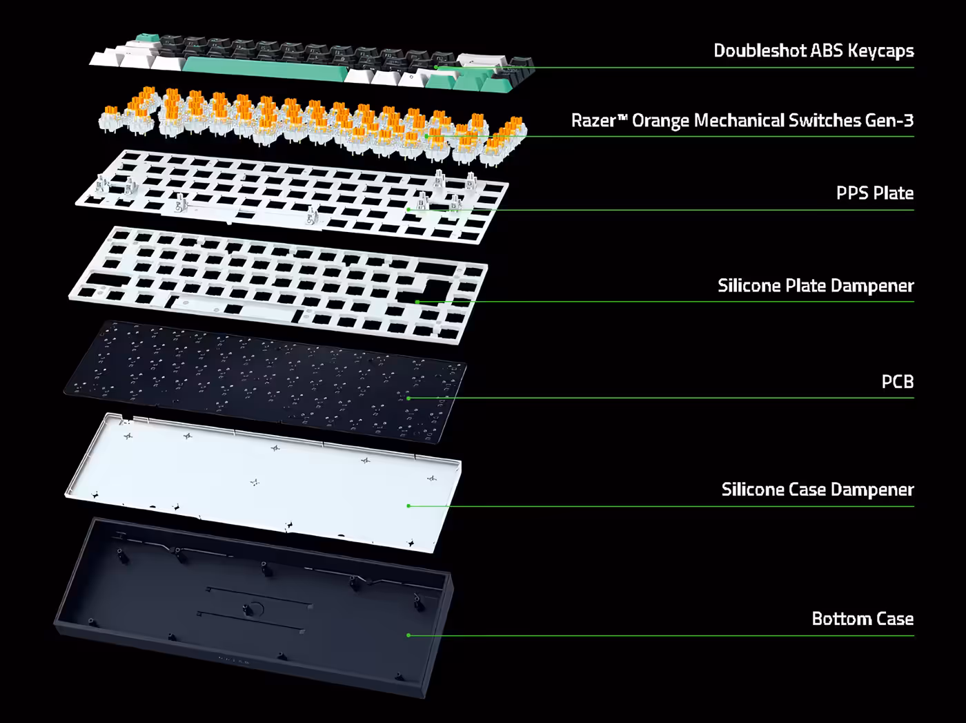 Internal component breakdown showing custom switches, dampeners, and plate design
