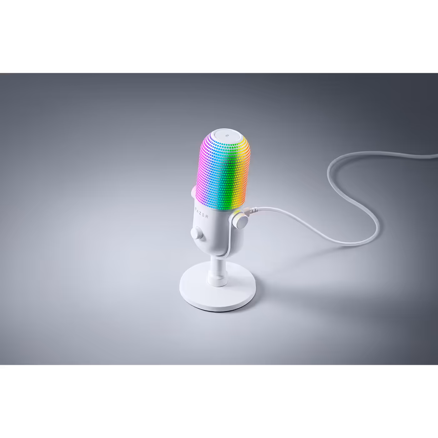 White Razer Seiren V3 Chroma on its stand with the USB cable attached