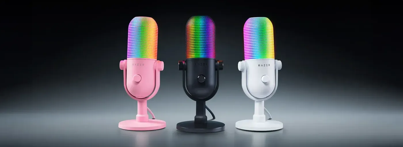 Professional Razer Seiren v3 Chroma microphone in black with customizable RGB lighting