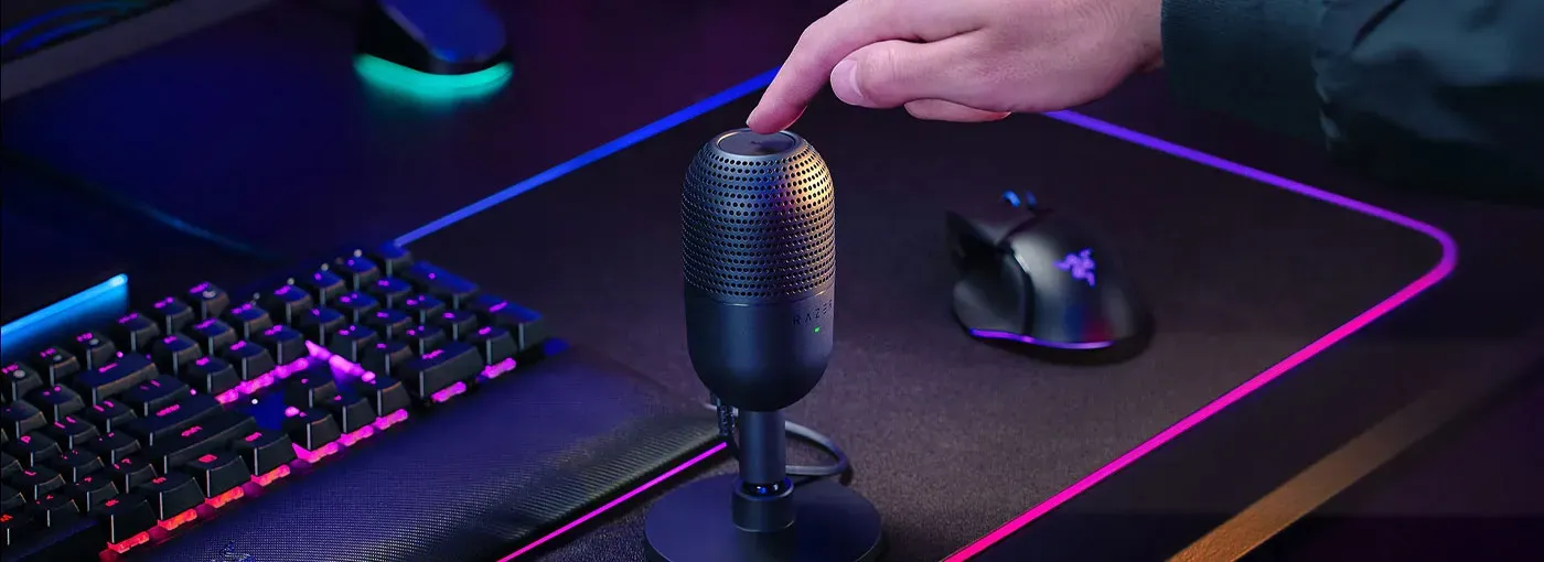 Detailed view of Razer Seiren V3 Mini USB Microphone showing the top tap-to-mute sensor