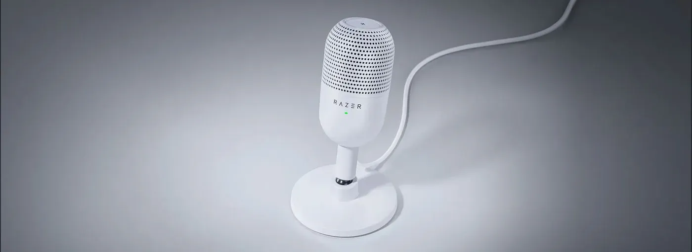 Razer Seiren V3 Mini USB Microphone showcasing its built-in shock absorber and stand