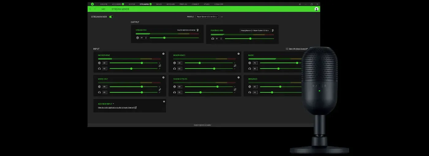 Razer Seiren V3 Mini USB Microphone customization options displayed via Razer Synapse software