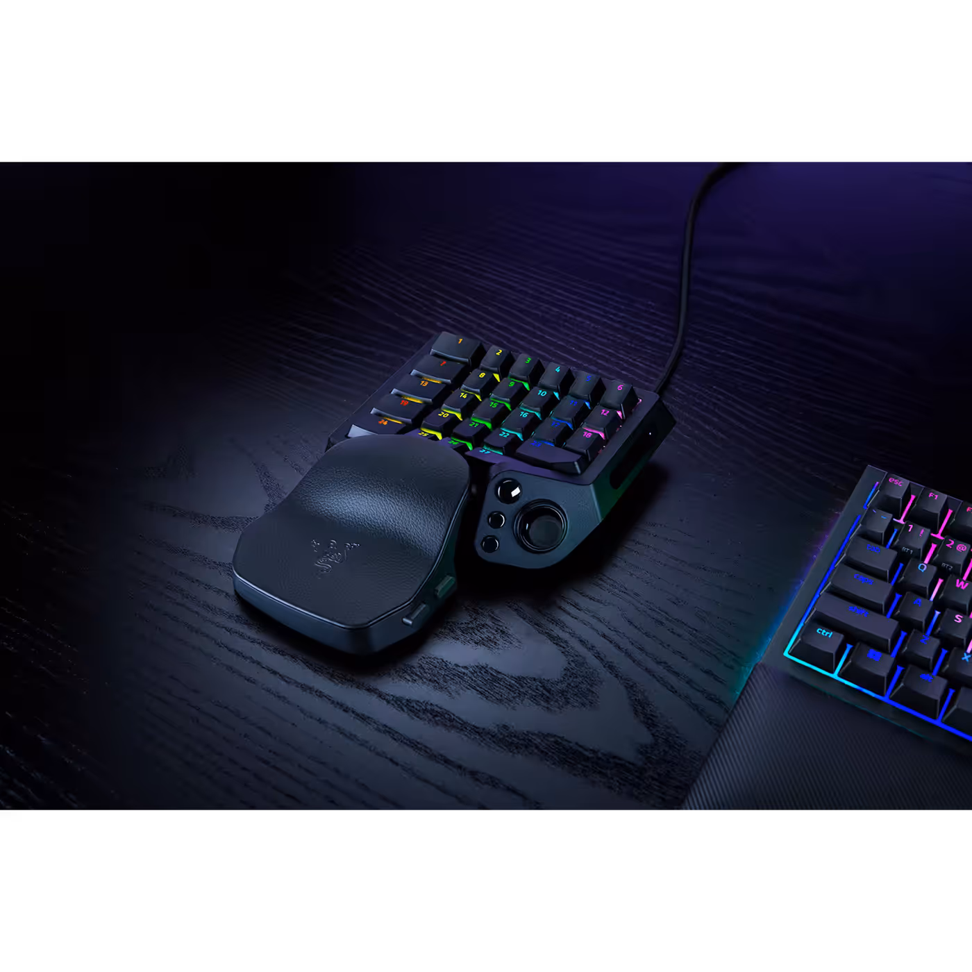 Razer Tartarus V2 Pro keypad with Chroma RGB keys on a desk
