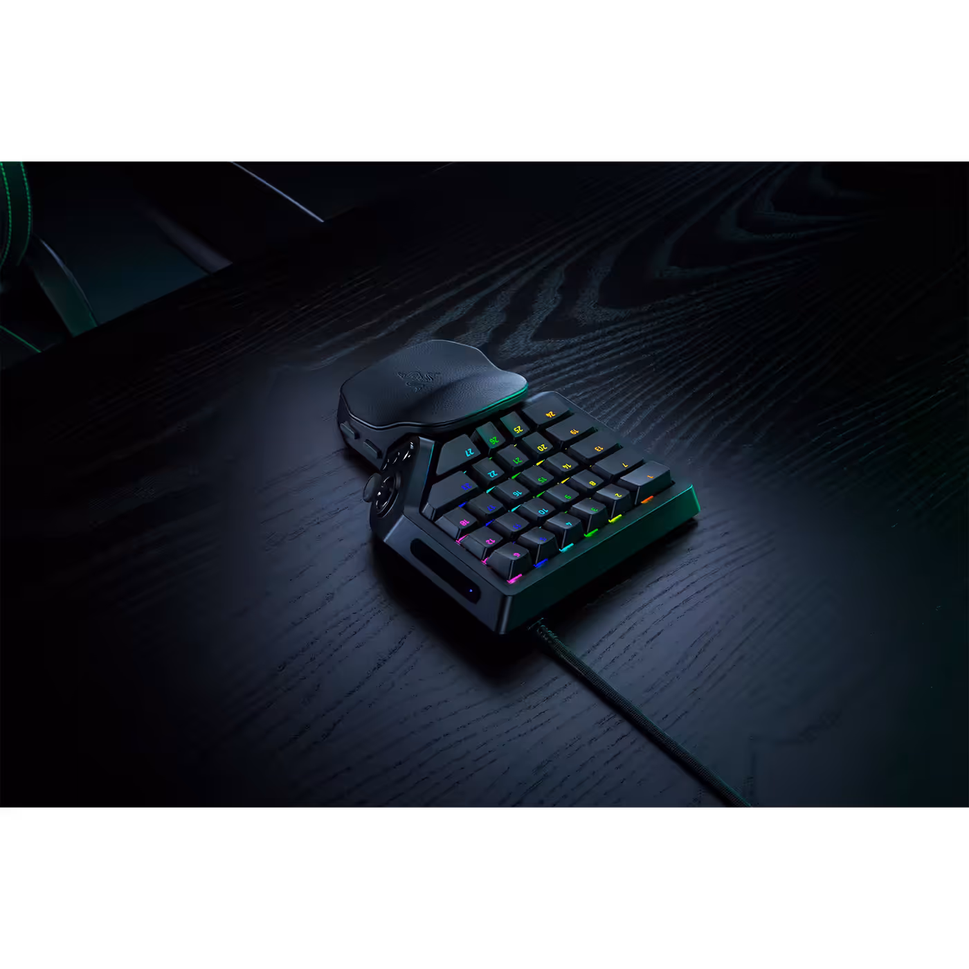 Razer Tartarus V2 Pro with its wrist rest and lit keys