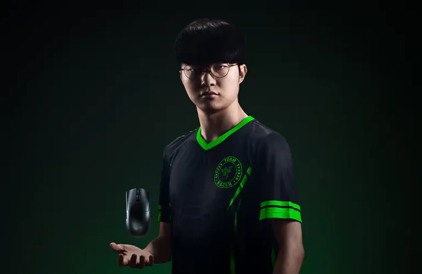 Headshot of 6-time world champion Faker using Razer equipment