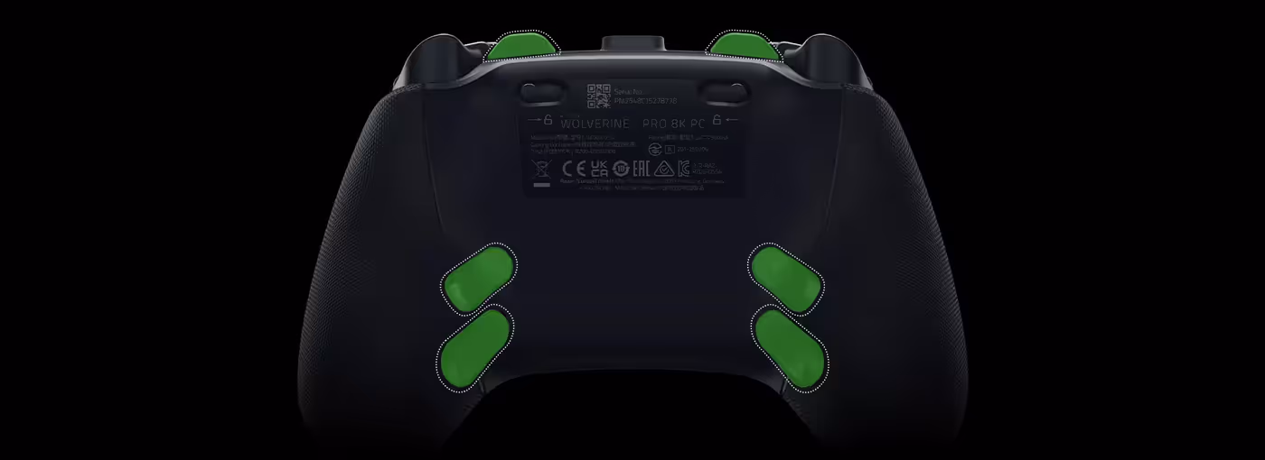 Rear view of controller showing 4 back buttons and 2 claw grip bumpers