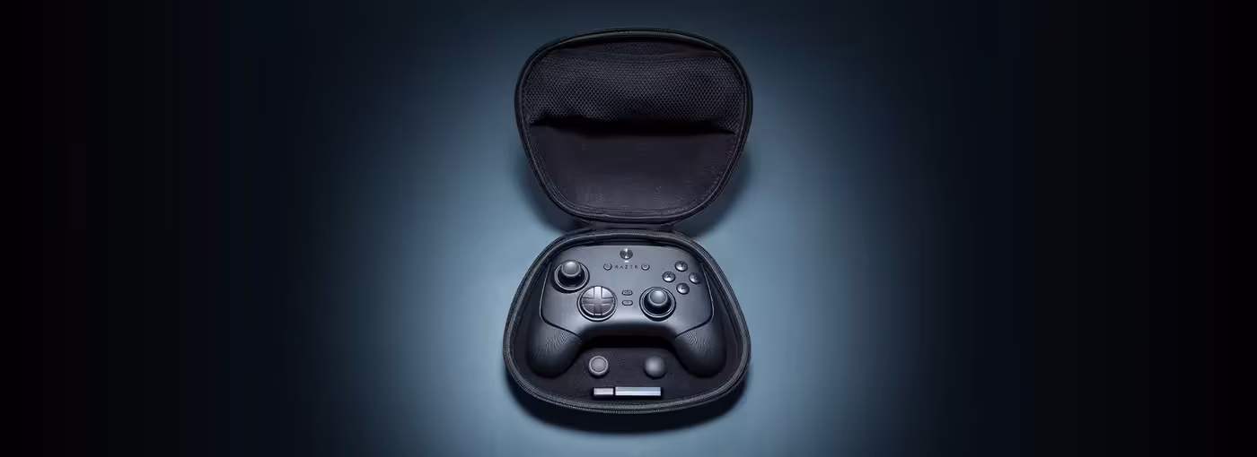 Protective carrying case containing the controller, braided cable, and spare caps