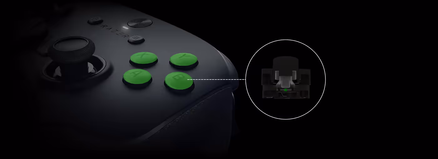 Tactile PBT action buttons and 8-way floating D-pad detail