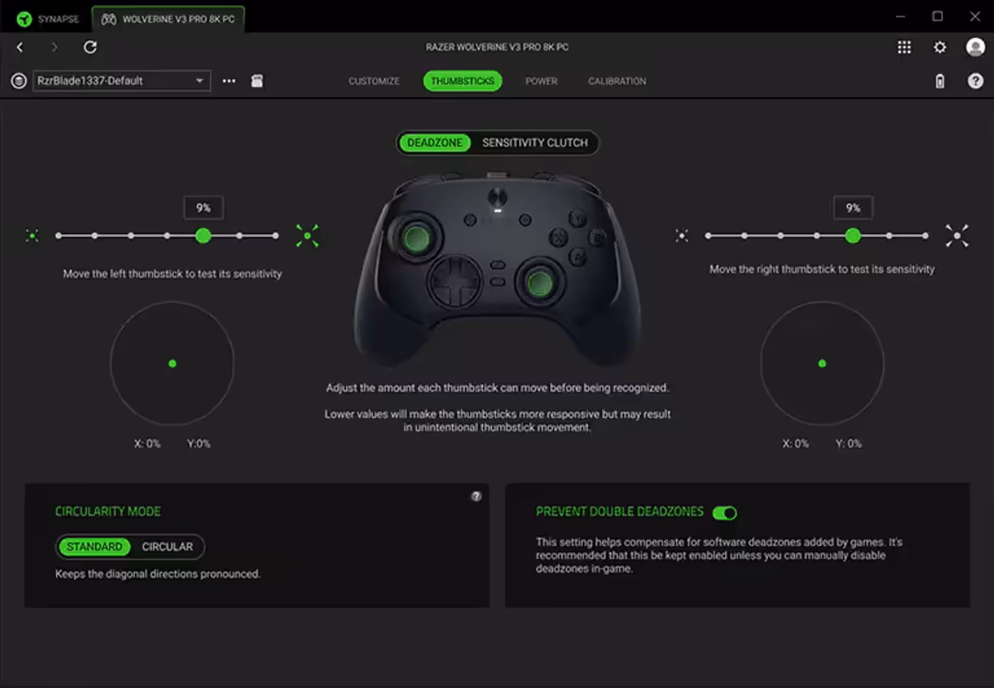 Razer Synapse 4 software interface for thumbstick and button customization