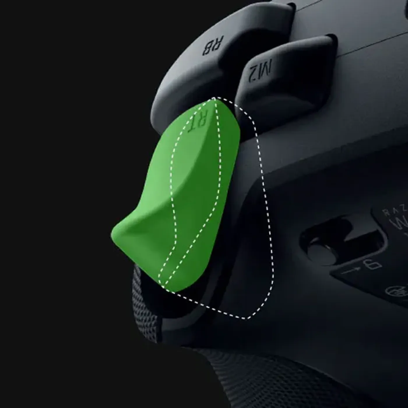 Diagram of the longer trigger pull setting and thumbstick detail on the Wolverine V3
