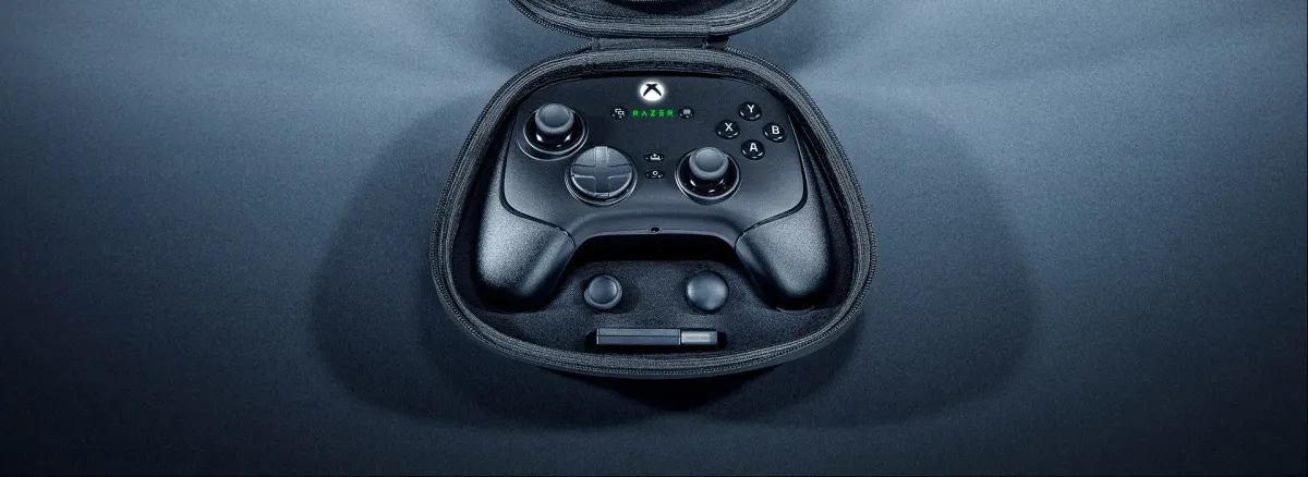 Controller inside a protective custom carrying case with accessories
