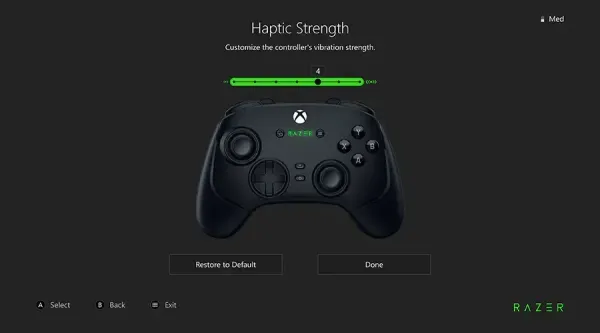 Razer controller settings menu for vibration sensitivity