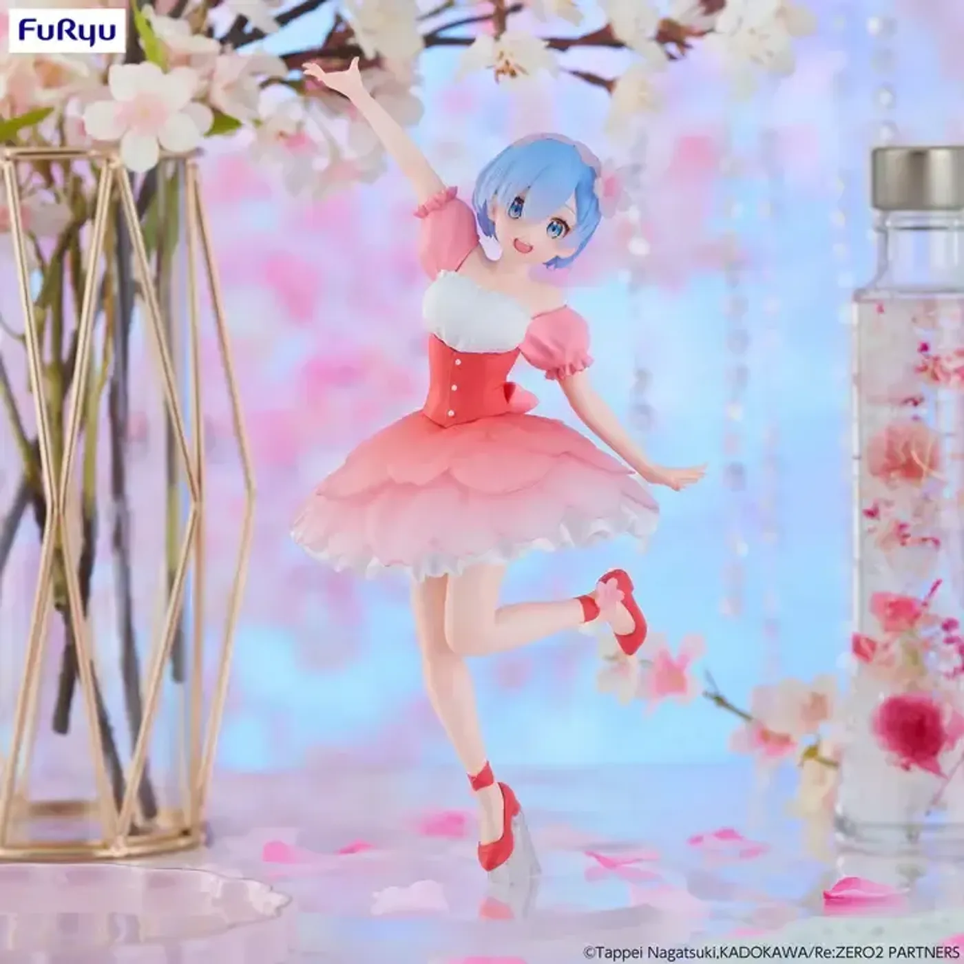 Back angle of the Rem Cherry Blossom figure highlighting its pink and white colour scheme