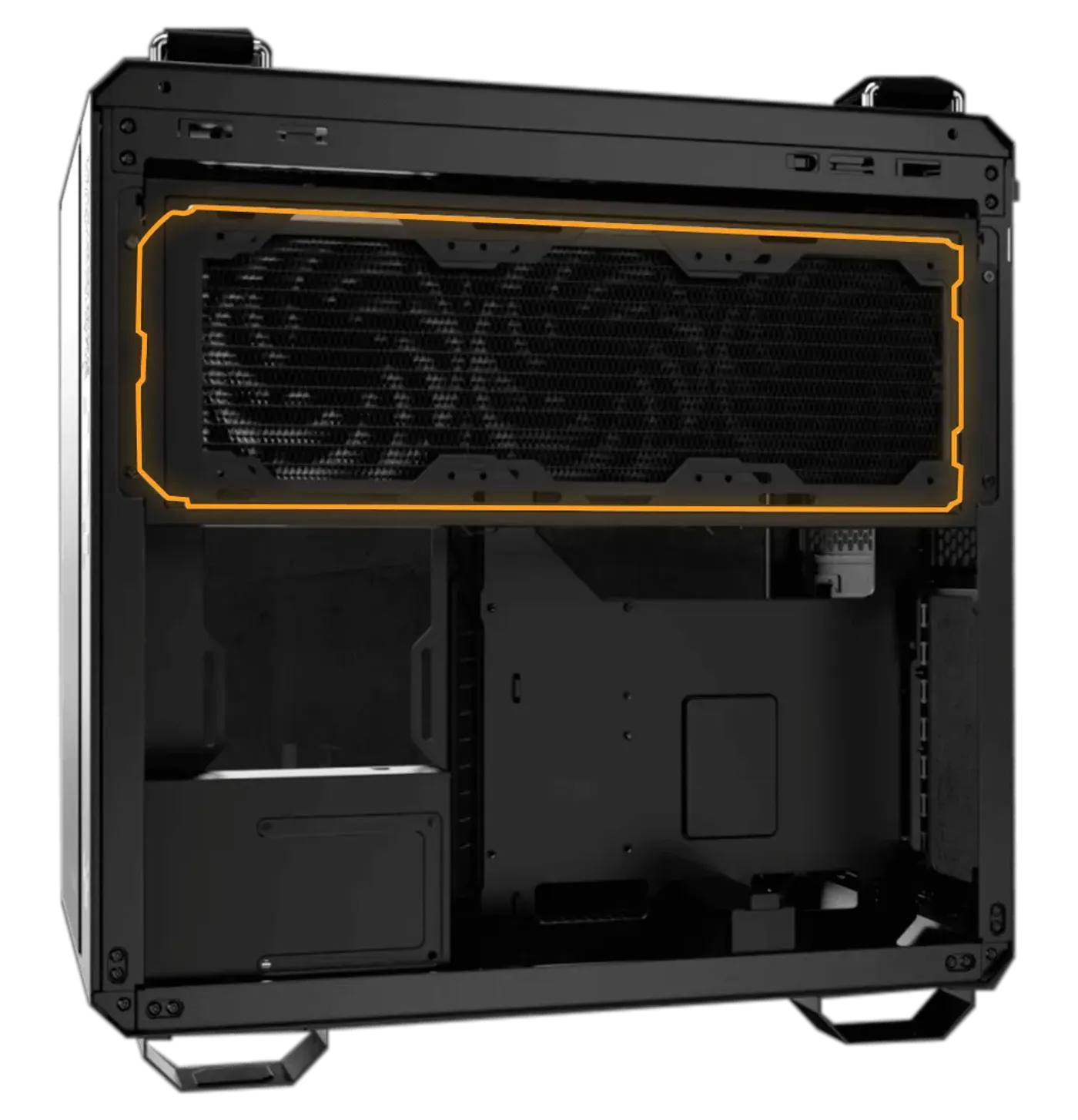 TUF Gaming GT502 Horizon ARGB with radiator installed in rear chamber