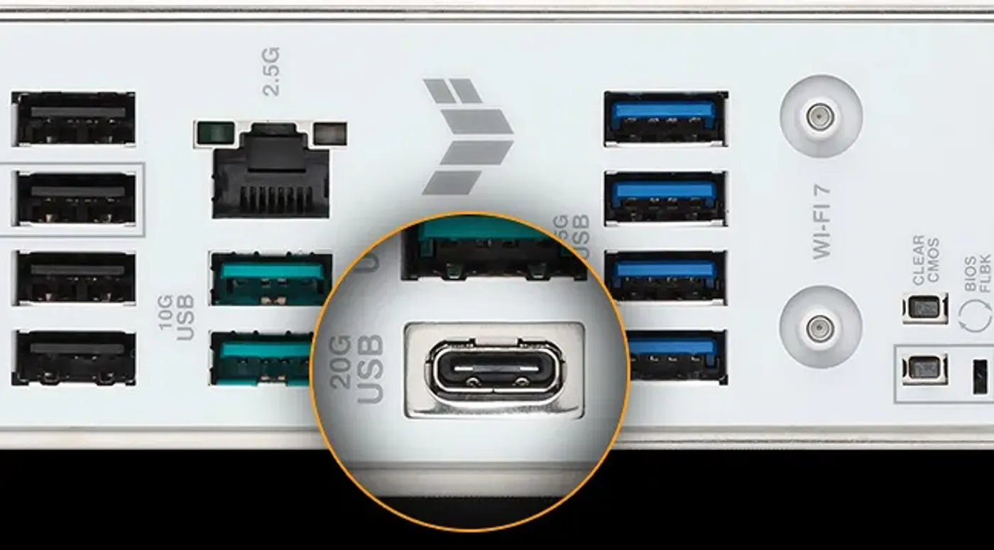 Rear I/O panel of TUF GAMING B850M-PLUS WIFI7 W motherboard with a magnified inset highlighting a USB 20Gbps Type-C port among other ports, showing support for high-speed connections.