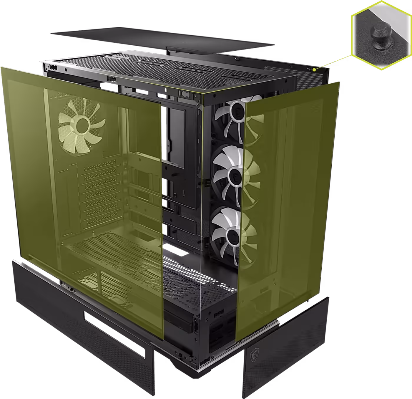 Demonstration of the screwless and tool-free removable glass panel design