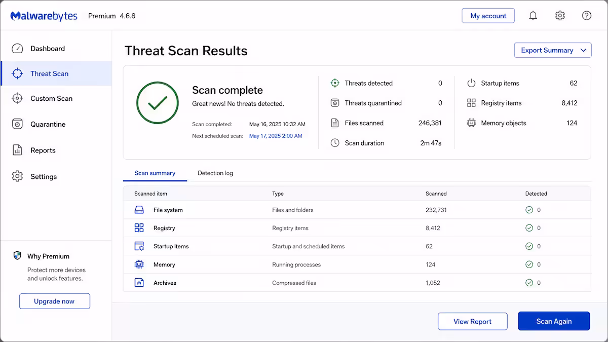 Malwarebytes Threat Scan results
