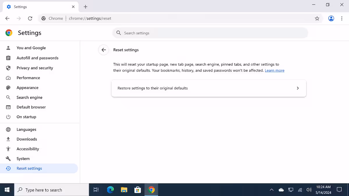 Chrome Reset settings screen