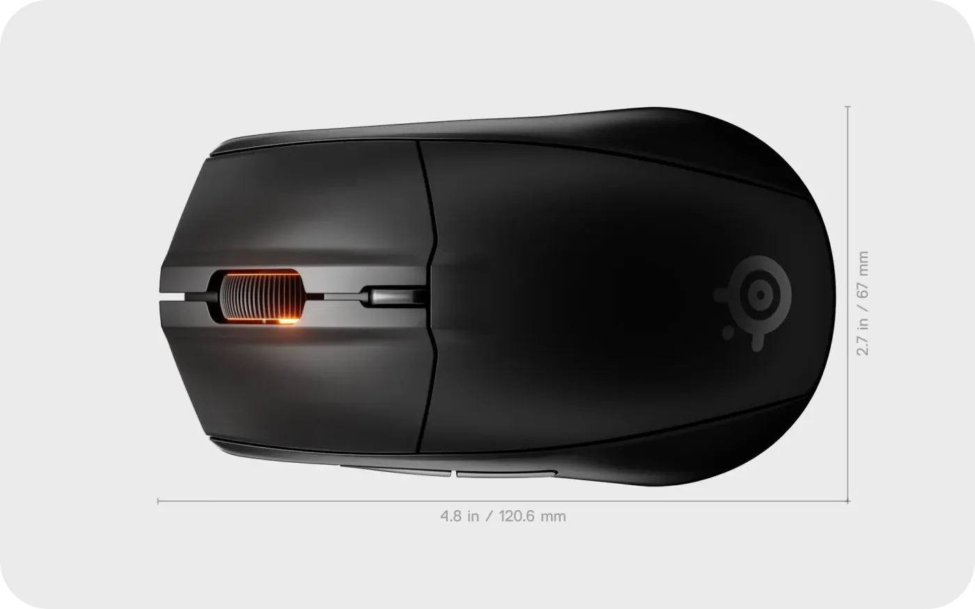 Top-down view of the mouse highlighting its right-hand symmetrical shape and design origins in Denmark.