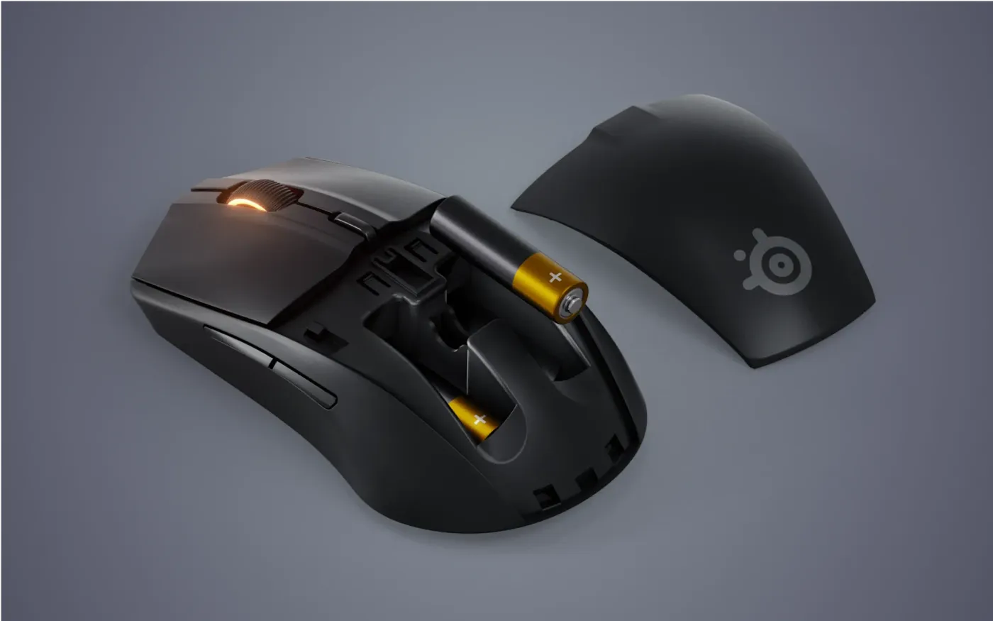 Image illustrating the internal battery compartment of the mouse, showing the option for using one or two AAA batteries.
