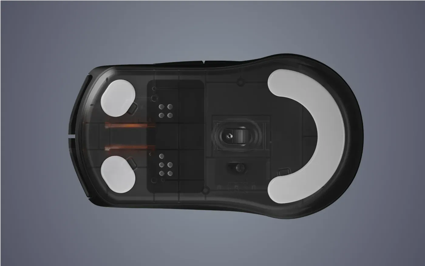 Close-up of the underside of the mouse showing the 100% PTFE feet for effortless glide.