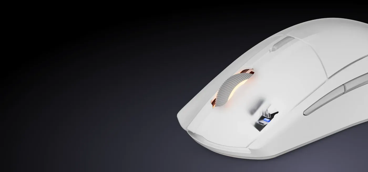 Detailed image of the mechanical switches inside the mouse, emphasizing their 60 million click durability.