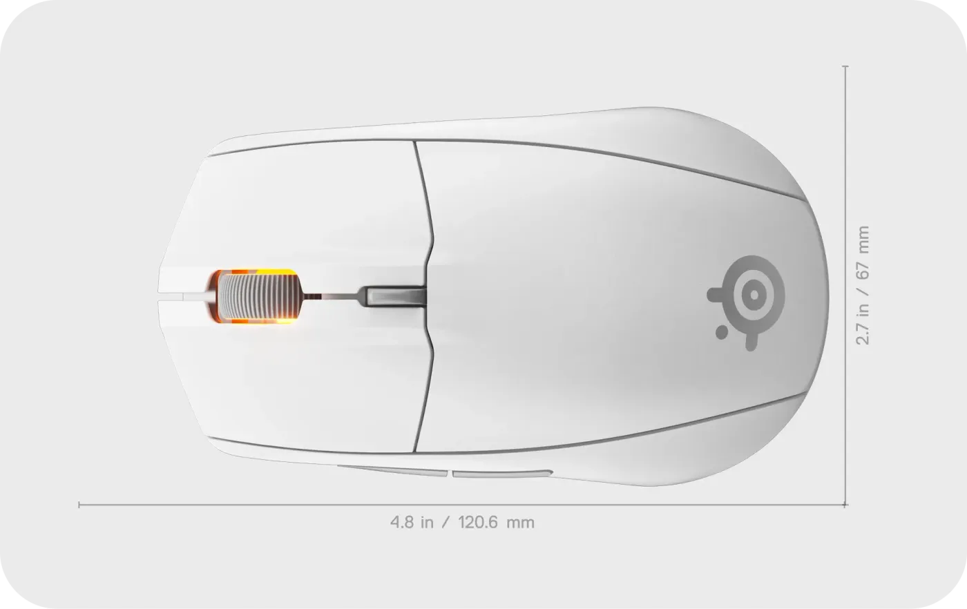 Top-down view of the mouse highlighting its right-hand symmetrical shape and design origins in Denmark.