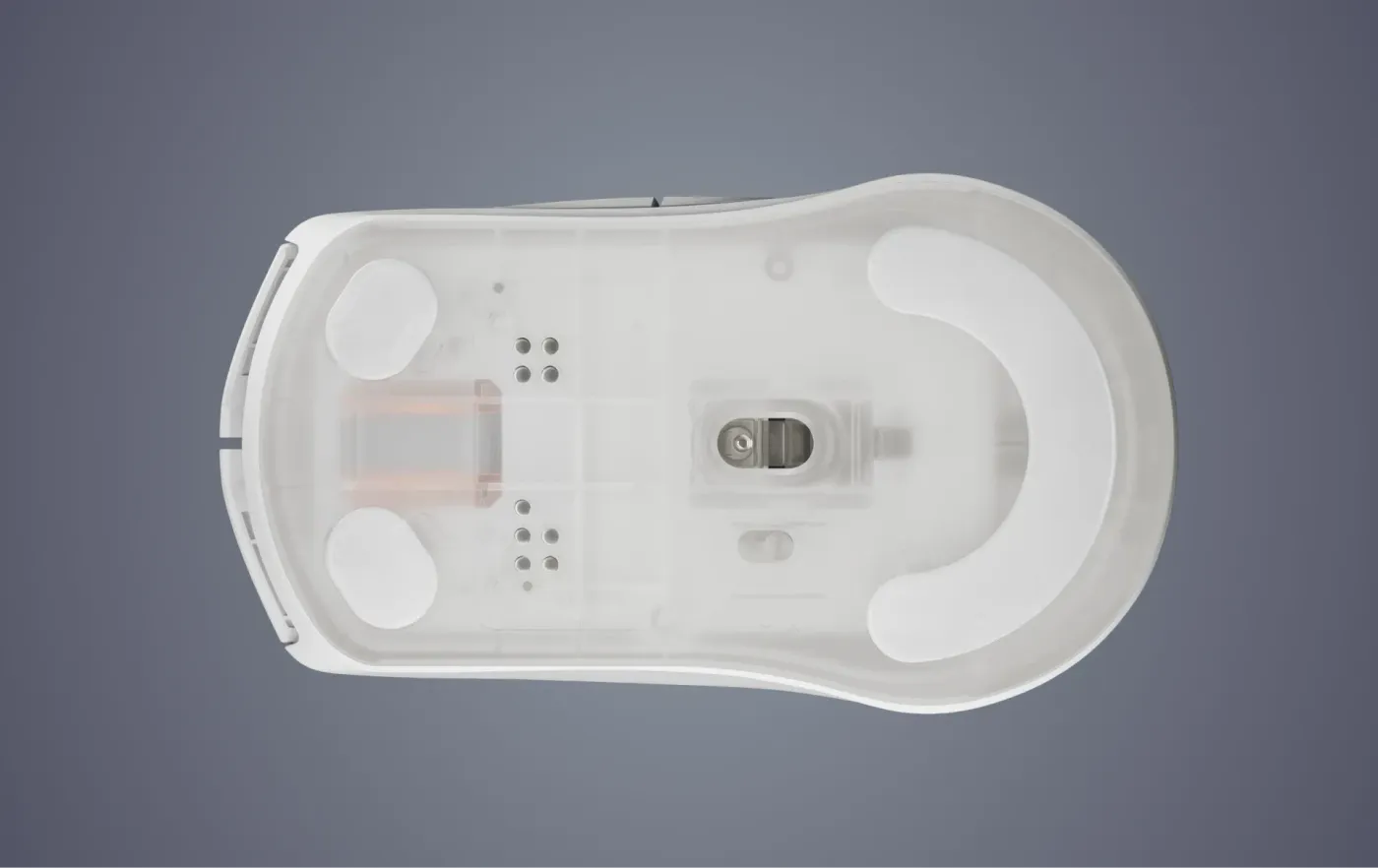 Close-up of the underside of the mouse showing the 100% PTFE feet for effortless glide.