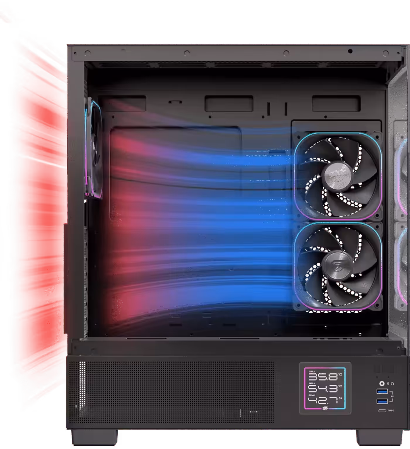 Diagram illustrating the optimized airflow path and fan mounting positions (front, top, bottom, rear) in the PM400 case