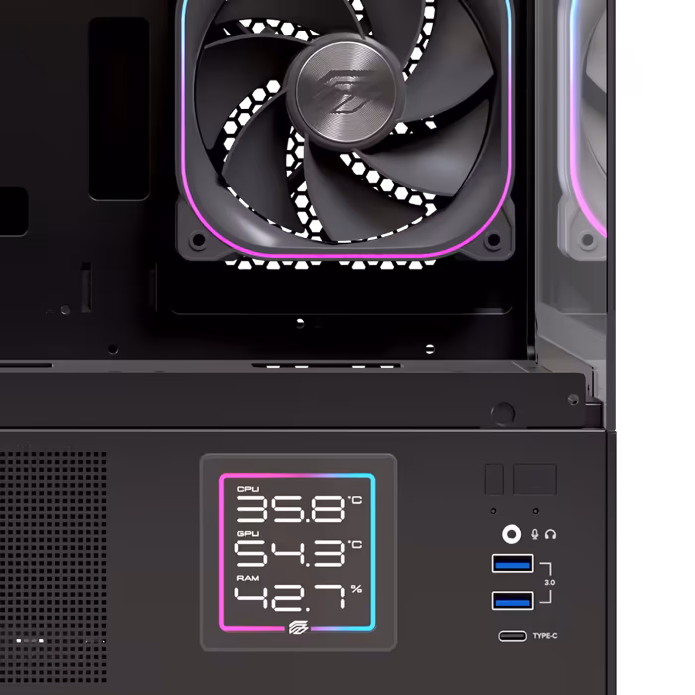 Interior view of the PC case highlighting the tool-free, back-slide tempered glass side panel.