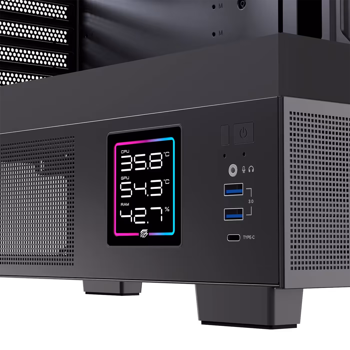 Close-up of the top I/O panel featuring USB 3.0, USB Type-C, and audio combo jack ports.